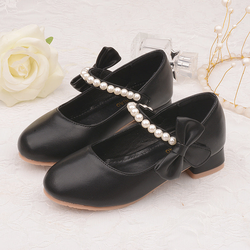 Children's shoes factory wholesale children's leather shoes white bow spring and autumn girls high-heeled princess shoes pearl tide shoes
