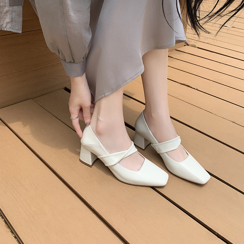 【Wang Xiaopoison】In the Mood for Love, Square Toe, Mary Jane Women's Shoes, High Heels, Block Heels, Small Leather Shoes, One Strap Single Shoes