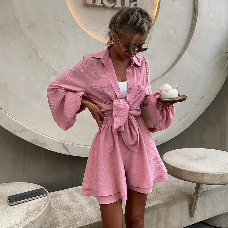 European and American cross-border women's casual suit 2025 spring and summer new temperament solid color puff sleeve shirt wide-leg shorts