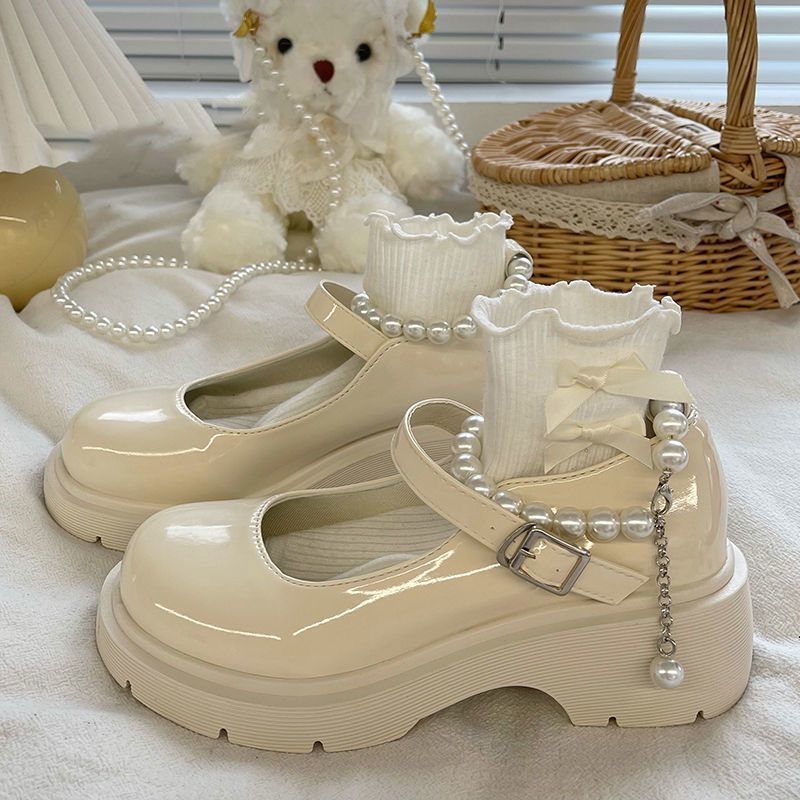 Plus size women's shoes wide feet british style white small leather shoes women's platform soles versatile pearl Mary Jane shoes with skirt jk shoes