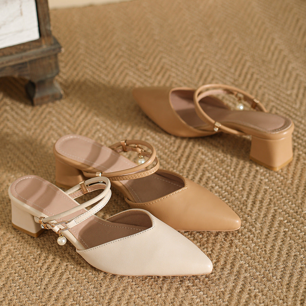 Sandals Women's 2024 Summer New Pointed Toe Single Shoes Thick Middle Heel Half Support Beautiful High Heel French Baotou Slippers