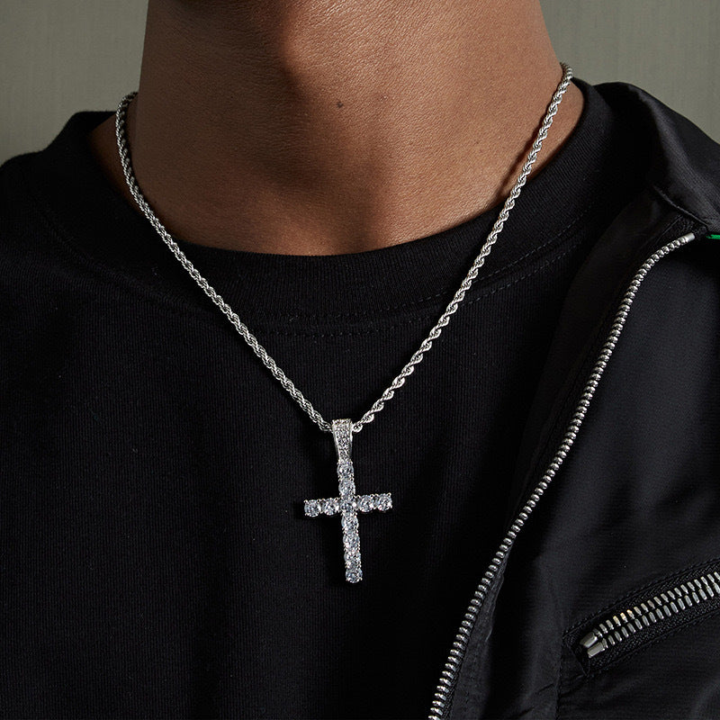 European and American cross-border hip-hop diamond-encrusted cross titanium steel necklace jewelry male hiphop simple high-end sweater chain female