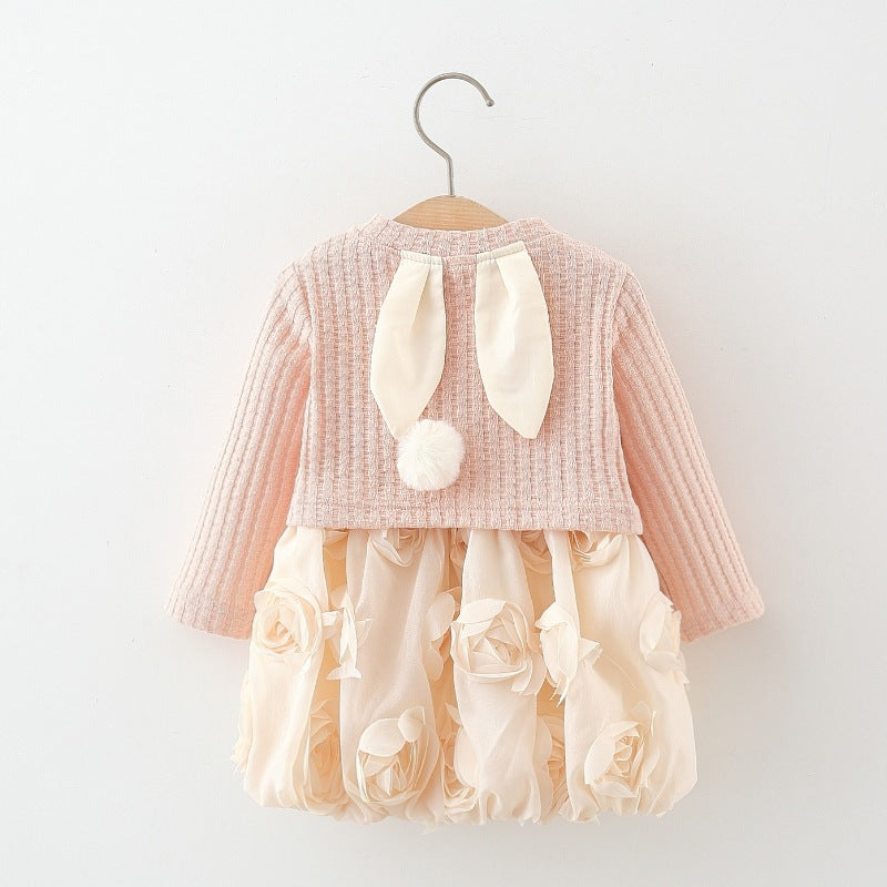 Children's Clothing Girls' Skirt Set Spring and Autumn Children's Baby Knitted Cardigan + Rosebud Princess Skirt Two-piece Set