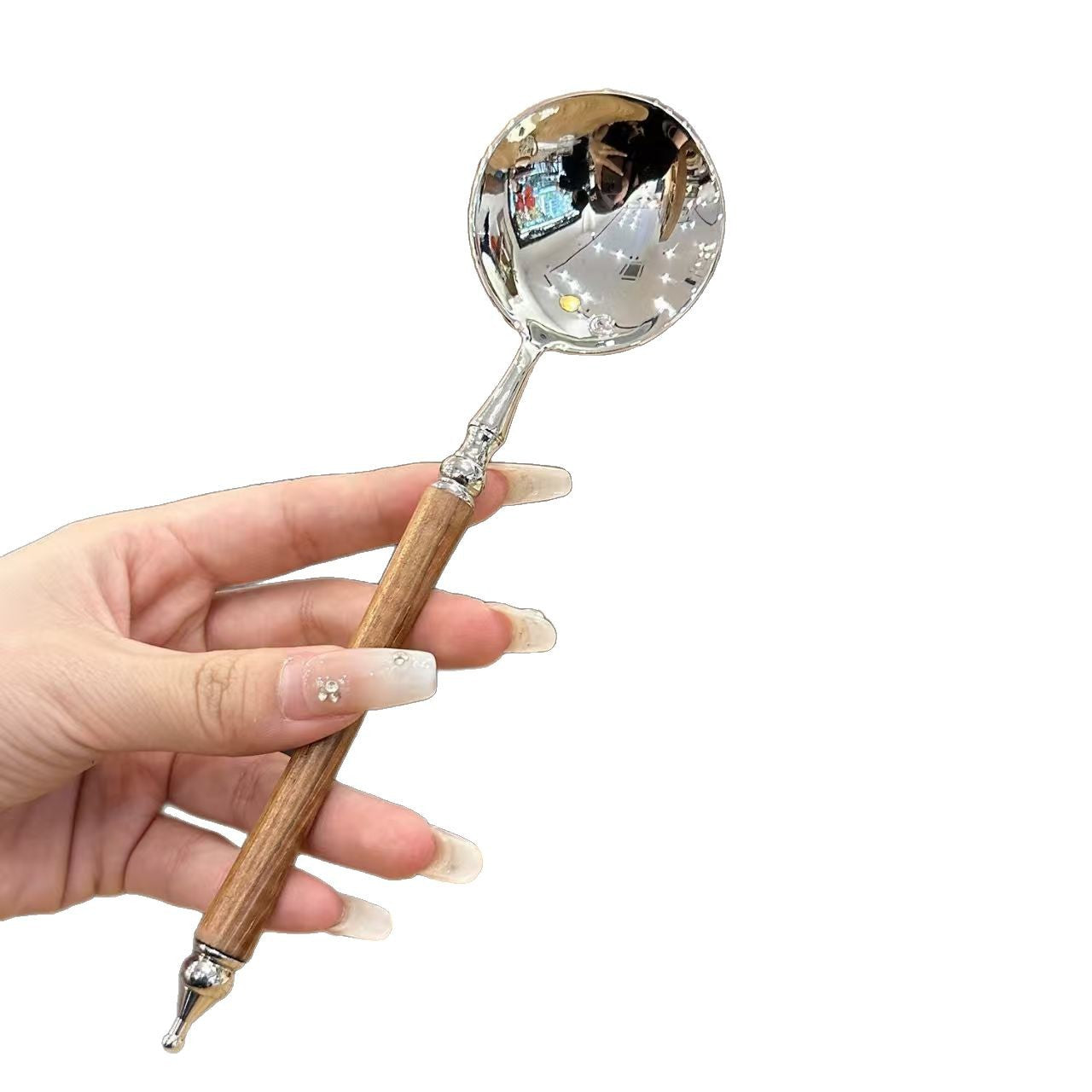 Cross-border imitation rosewood round spoon, stainless steel spoon, long-handled round-headed spoon, household rice spoon, spoon, spoon, spoon, dessert spoon
