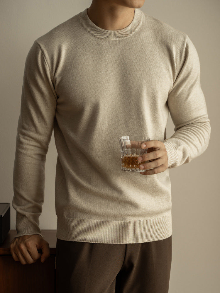 Machine washable Tencel wool solid color knitted sweater autumn and winter new crew neck long-sleeved sweater men's warm inner base shirt