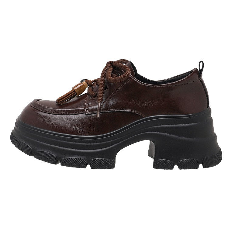 Zhuoshi 2025 new thick-soled loafers women's brown lace-up thick high heels British style muffin small leather shoes