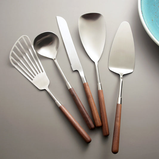 Kitchen household 304 stainless steel walnut handle spoon dispensing spoon spatula kitchenware set steak knife fork spoon cutlery