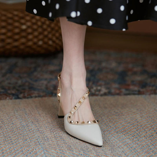 This year's popular Baotou Sandals Women's Spring/Summer 2023 New Women's Mid-Heel Pointed Toe Back Space Block Heel Stud Heels