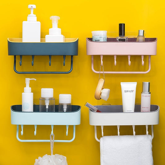 New two-color household 4-hook bathroom storage rack Bathroom multi-functional wall-suction wall-free wall-mounted shelf