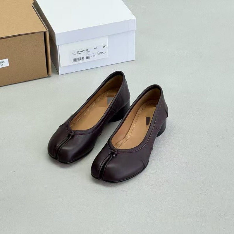 Pure original classic tabi new pleated tabi shoes female leather shallow mouth mid-heel pig's trotter ballet soft leather shoes