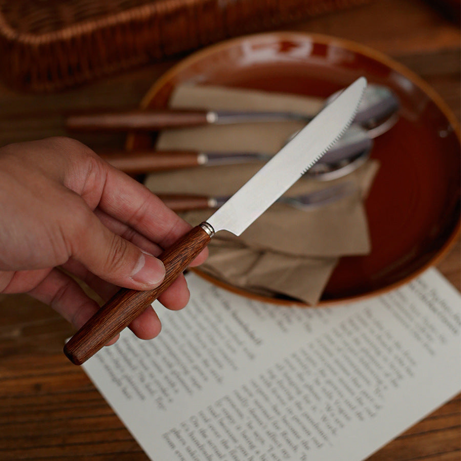 Korean ins style chicken wing wooden handle knife fork spoon Western food restaurant stainless steel niche high-grade feeling pasta fork tableware