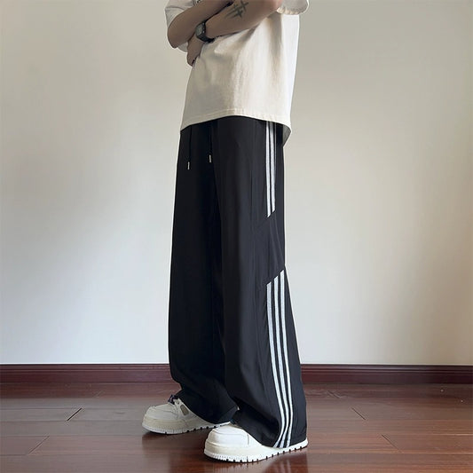 Woodpecker striped ice silk pants men's summer thin loose straight wide-leg pants youth new casual trousers