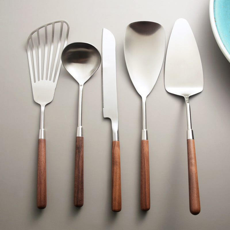 Kitchen household 304 stainless steel walnut handle spoon dispensing spoon spatula kitchenware set steak knife fork spoon cutlery