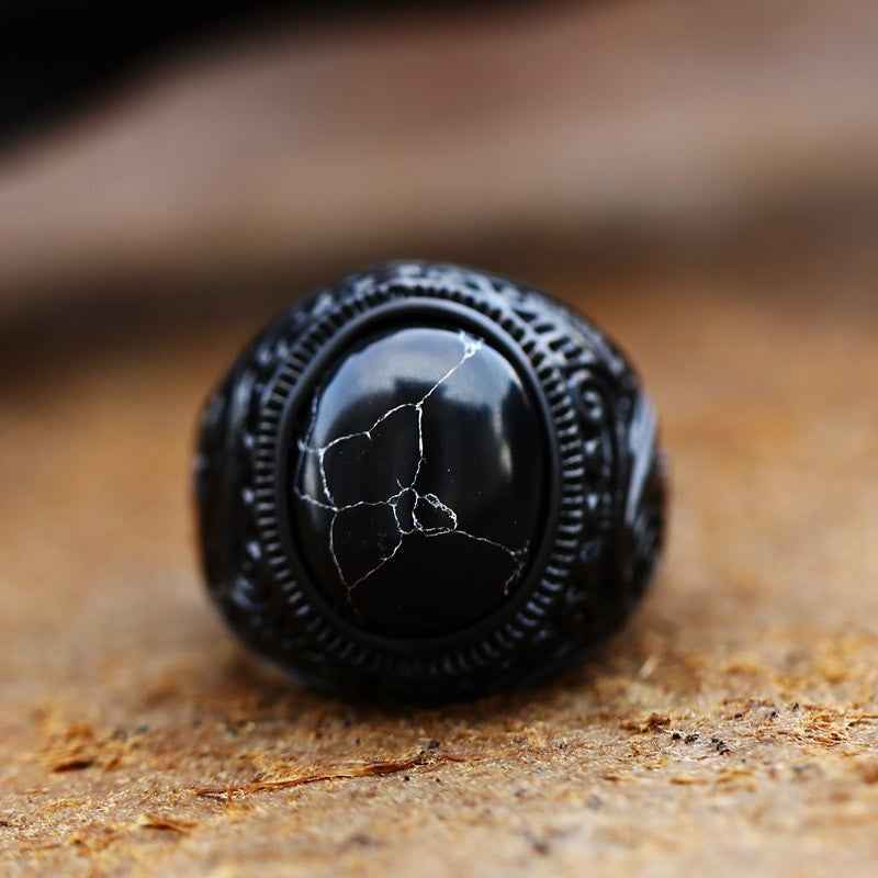 Baosheng new vintage tiger's eye turquoise black carved punk men's fashion hand ornament ethnic style alloy ring wholesale