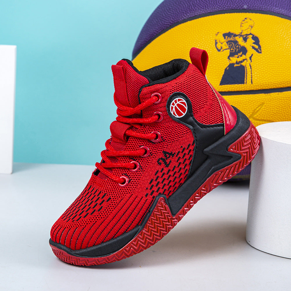 Cross-border children's basketball shoes spring fly-woven mesh breathable lightweight running shoes mid-top platform rebound sports shoes