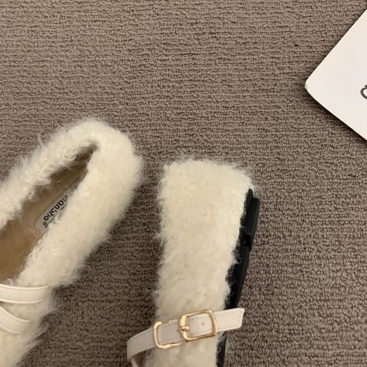 French evening breeze cross-buckle Mary Jane cotton shoes women's 2024 fall/winter new comfortable and versatile fur shoes