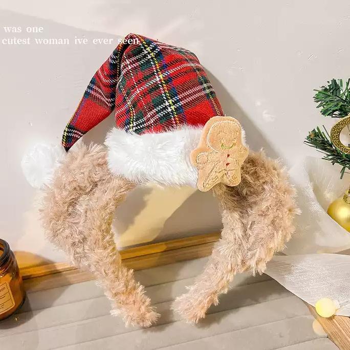 Christmas headbands Daffy bear hat plaid headbands red cartoon wholesale christmas dress up headwear plush hair bundles