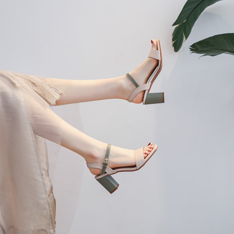 Sandals Women's 2025 Summer New Korean Version Versatile Student Fashion Fairy Style Block Heel Open Toe One Strap High Heels