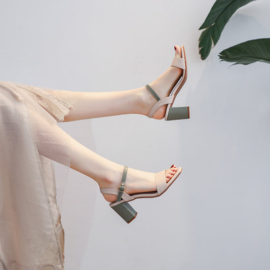 Sandals Women's 2025 Summer New Korean Version Versatile Student Fashion Fairy Style Block Heel Open Toe One Strap High Heels