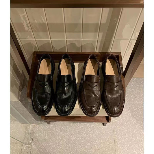 Cowhide version ~ soft retro slip-on leather loafers, women's block heel, British style small leather shoes, oxford shoes, single shoes