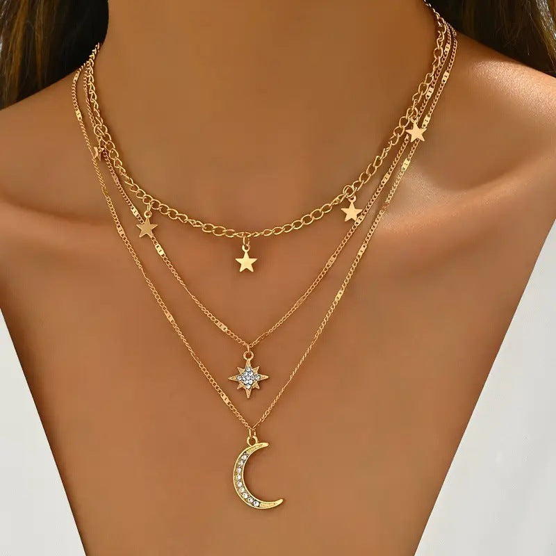 European and American cross-border jewelry, fashion, diamond-studded five-pointed star, crescent pendant, multi-layered necklace, personality, clavicle chain necklace
