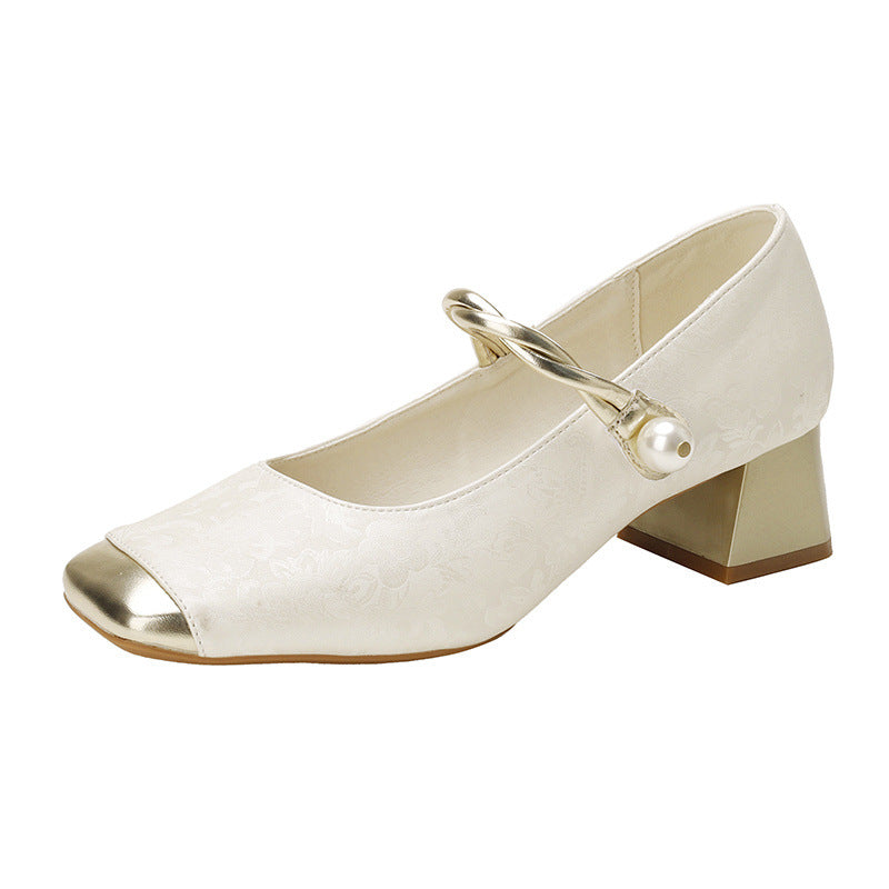 Light national style, new Chinese high-heeled shoes, retro with cheongsam, Mary Jane, square toe, gentle block heels, shallow spring tea