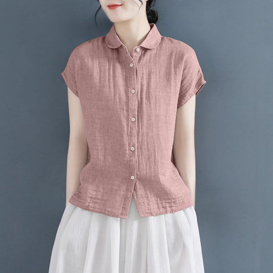 Summer polo collar design sense cotton linen short sleeve shirt women's loose small fly sleeve cotton linen shirt plus size linen top