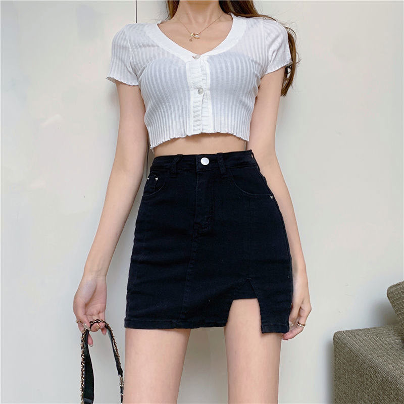 Anti-walking denim skirt ins style new stretch high-waisted A-line short skirt slit hip black skirt women
