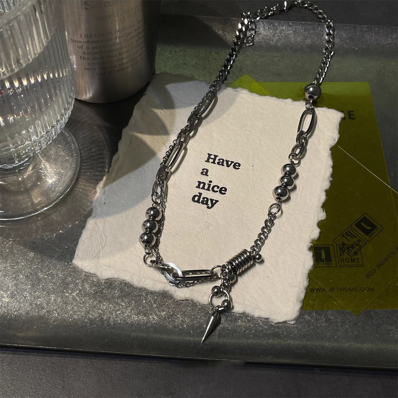 Cool titanium steel steel ball rivet stitched necklace men's niche design hip hop cold wind clavicle chain sweater chain accessories