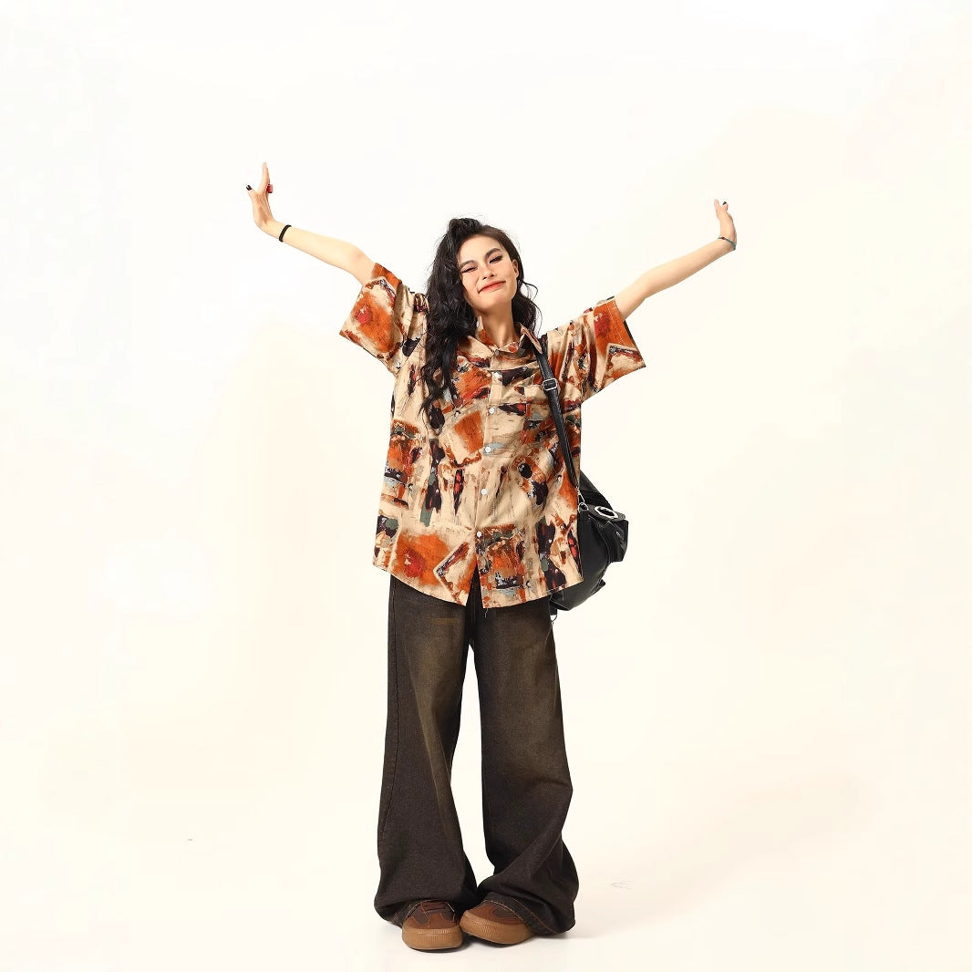 Hong Kong style retro baroque short-sleeved floral shirt summer American style unique oil painting style loose Cuban collar shirt hip girl