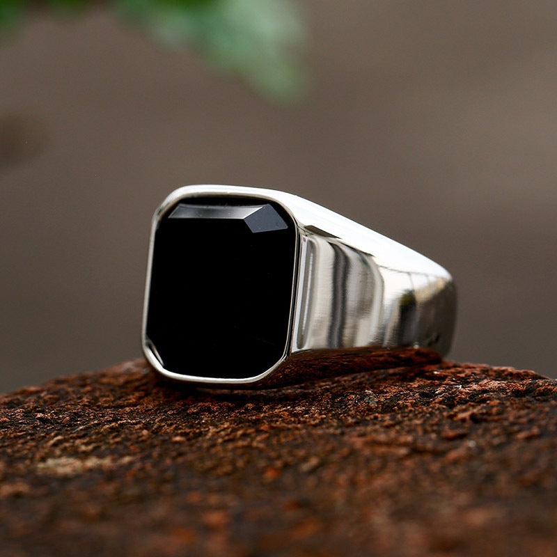 Fei Yu fashion retro domineering men's simple square black agate punk hip hop street silver ring ring