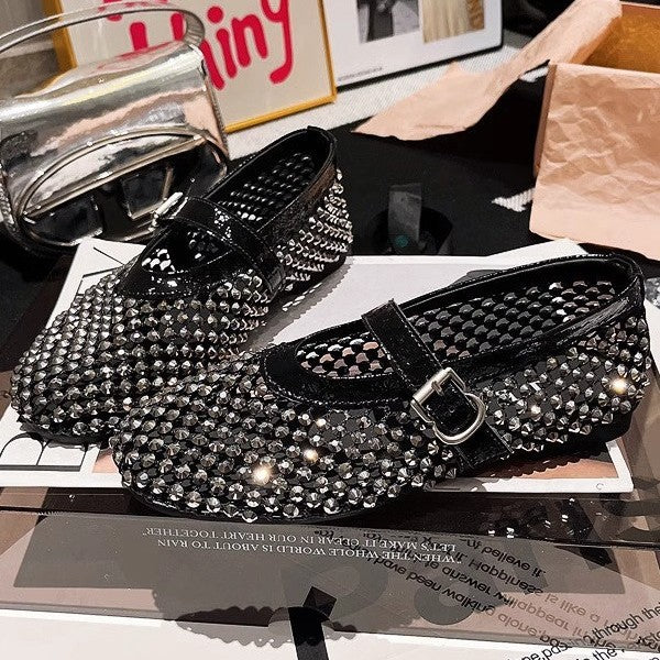European station rhinestone line Mary Jane cut-out mesh ballet shoes fishnet shoes single shoes loafers boat shoes women's shoes