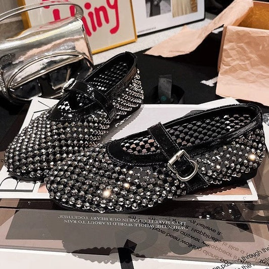 European station rhinestone line Mary Jane cut-out mesh ballet shoes fishnet shoes single shoes loafers boat shoes women's shoes