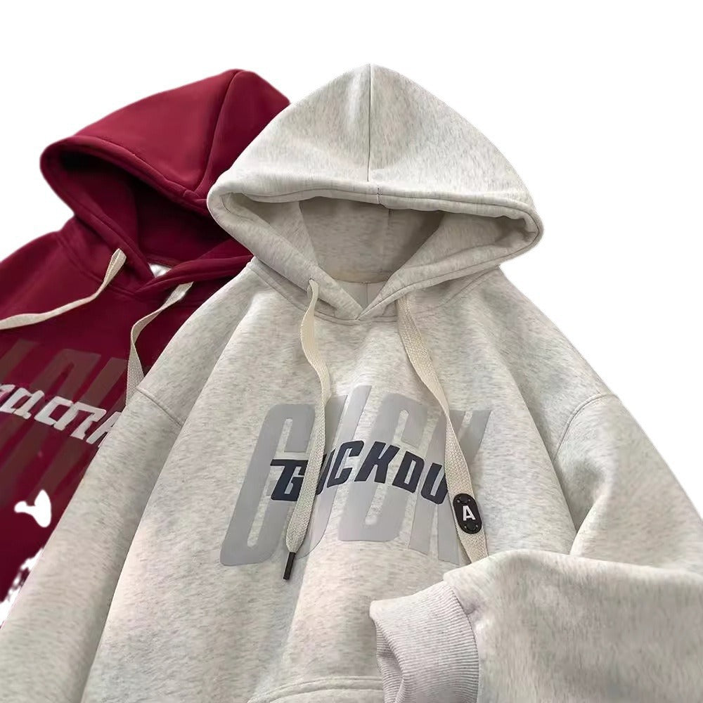 Heavyweight stiff hooded sweatshirt men's spring and autumn American fashion brand youth autumn and winter burgundy fleece hoodie jacket