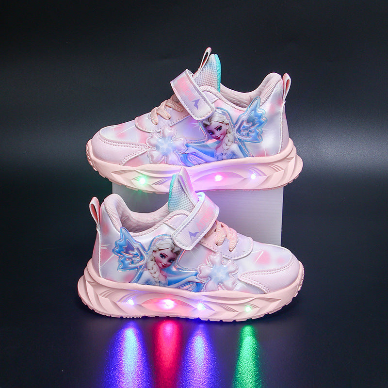 Princess Elsa sneakers with lights, new leather breathable fleece comfortable student running shoes for autumn and winter