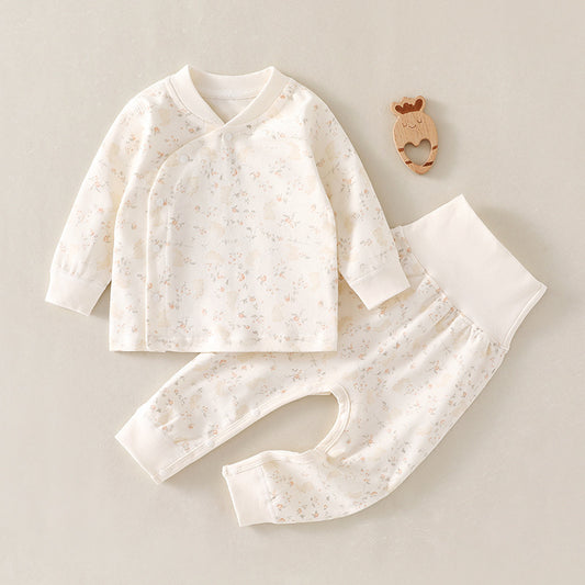 Infant high-waisted suit spring and autumn belly protection two-piece pajamas baby loungewear Class A cotton bottom layer
