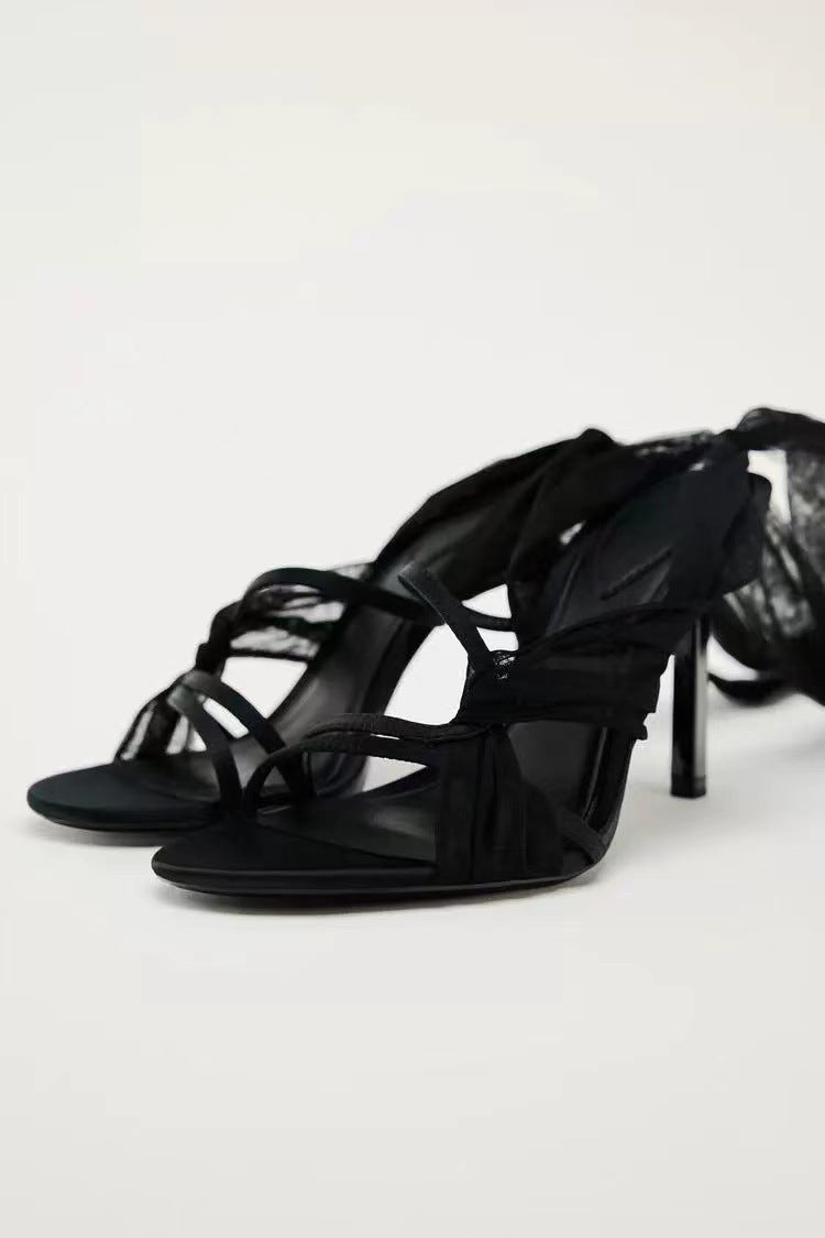 ZAZBLBQNRA WOMEN'S SHOES FAIRY STYLE STRAP UP NET CELEBRITY OPEN TOE HIGH HEEL SANDALS WOMEN'S SUMMER HIGH HEELS FRENCH SANDALS WOMEN