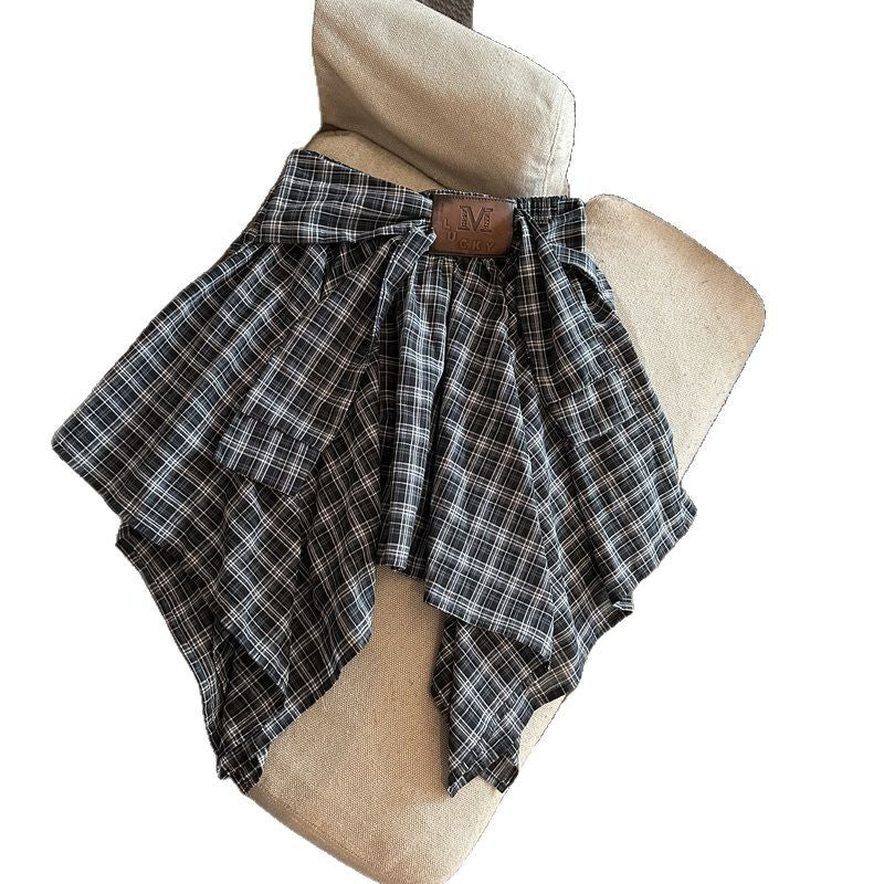 Retro preppy irregular check skirt women's summer new design sense niche strappy a-line skirt