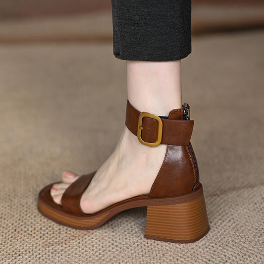 Mr. M Sandals Women's Summer Mid-Heel Platform French Retro Zip Block Heel Straight Buckle Roman Pumps