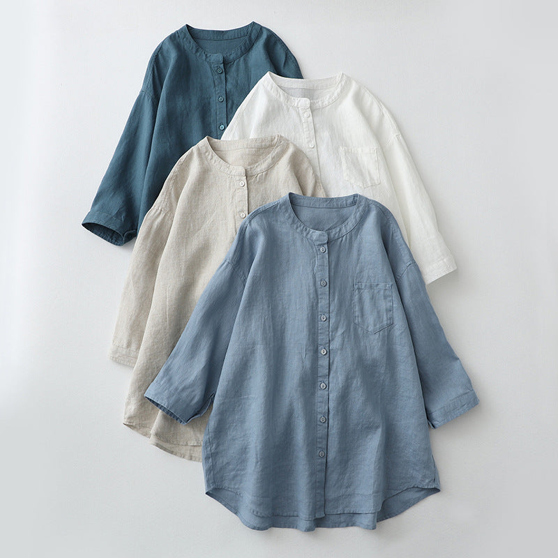 2025 summer linen shirt stand-up collar three-quarter sleeve white shirt loose plus size sunscreen shirt japanese cotton and linen women's clothing