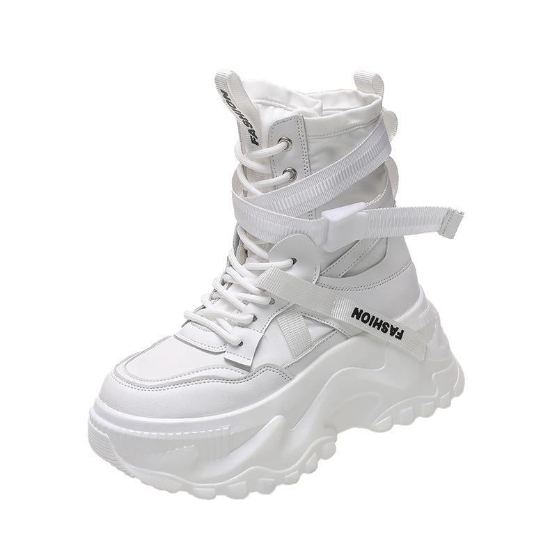 Autumn and Winter Korean version of thick-soled heightened sports style women's shoes 2024 new lace-up Internet celebrity roman style high-top women's shoes