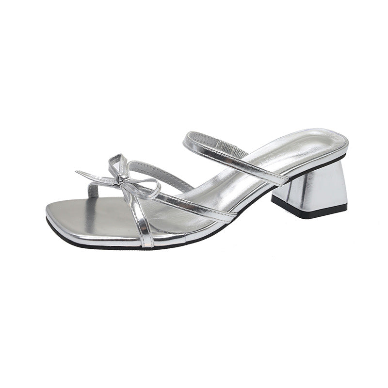 High Heels Women's Wear Summer 2025 New Versatile Niche French Fashion Bow Block Heel Slippers Women's Sandals