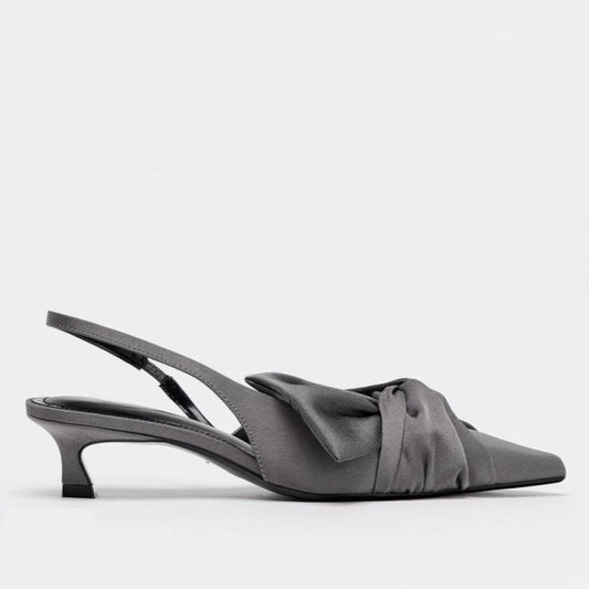 ZA2025 Spring/Summer New Gray Silk Satin Texture Knot Slingback Pointed Toe Mules Cat Heel Toe Sandals Women