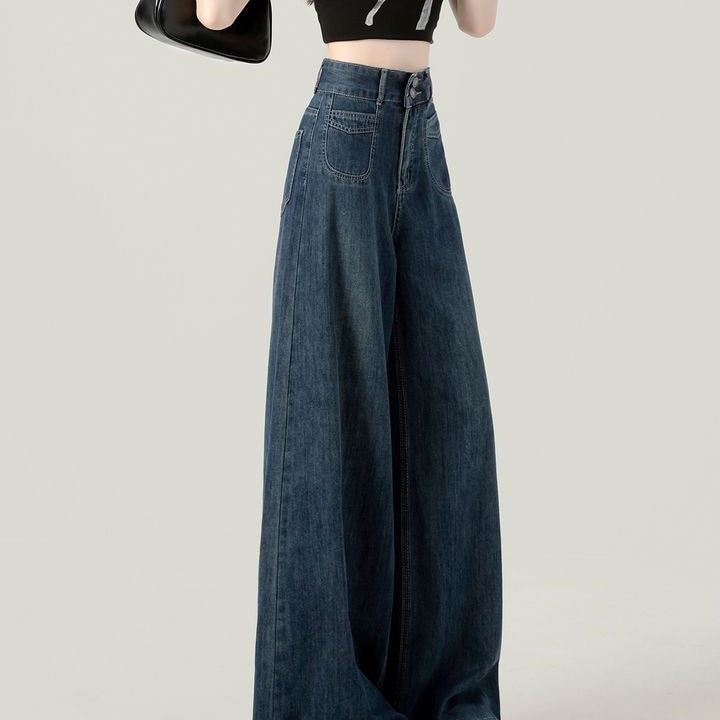 2025 dark blue high-waisted wide-leg jeans women's summer versatile slim autumn dress loose straight pants spring and autumn style