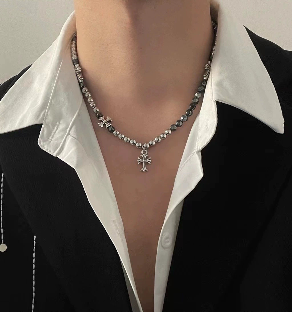 Black and white squares, glass stitching necklaces, men's niche, simple and versatile, titanium steel clavicle chain, light luxury, personality hip-hop jewelry