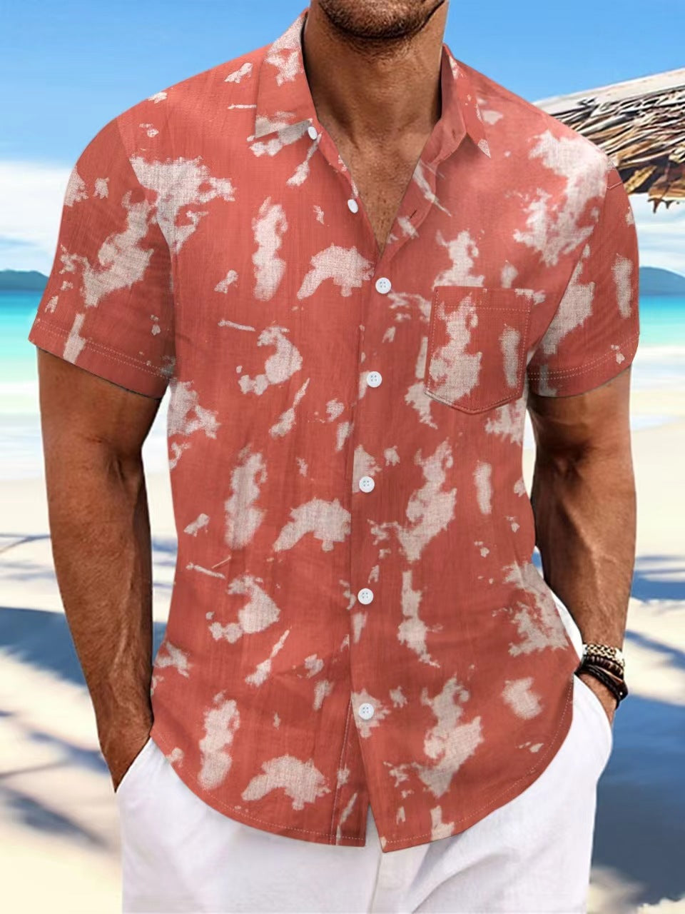 Cross Border Summer 2024 New Tie-Dye Lapel Short Sleeve Men's Beach Casual Athletic Shirt