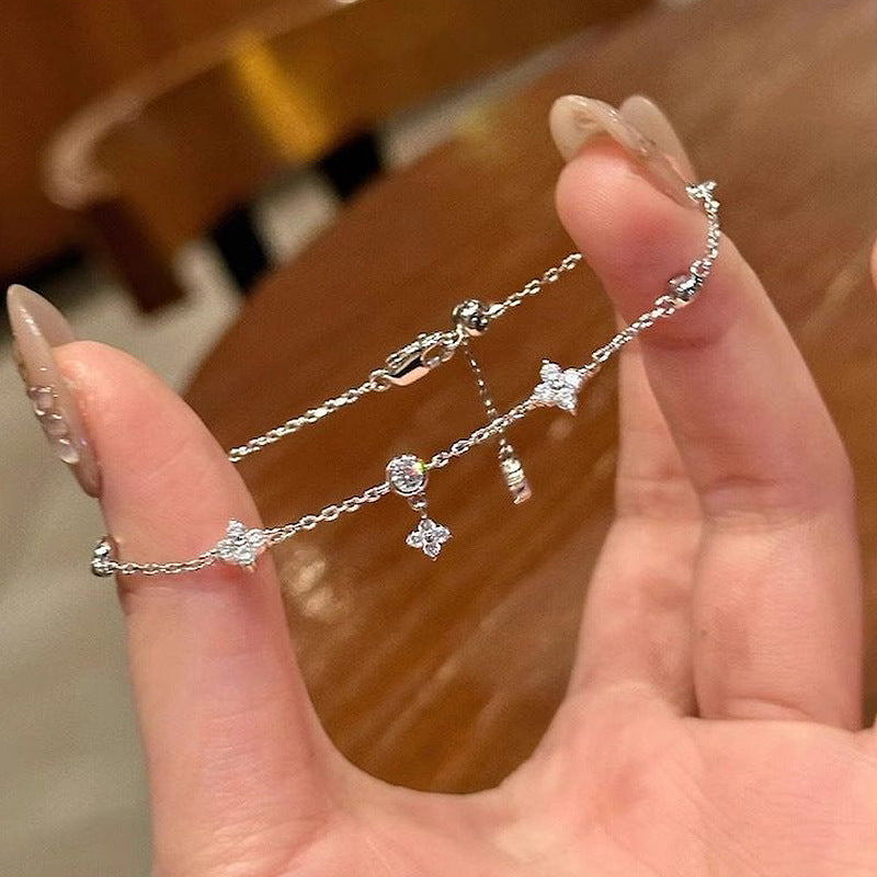 Longlong Gold 2024 New S925 Silver Tassel Bracelet Temperament Fashion and Versatile Women's Full Diamond Adjustable Anklet