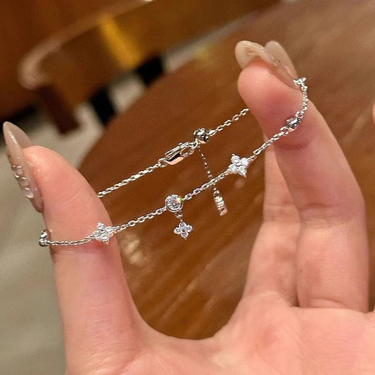 Longlong Gold 2024 New S925 Silver Tassel Bracelet Temperament Fashion and Versatile Women's Full Diamond Adjustable Anklet
