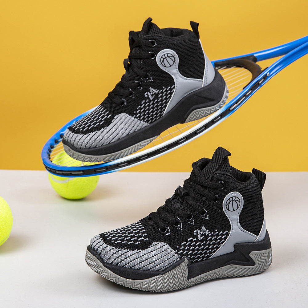 Cross-border children's basketball shoes spring fly-woven mesh breathable lightweight running shoes mid-top platform rebound sports shoes