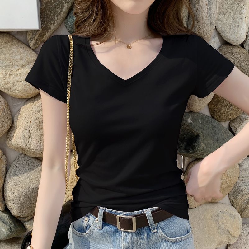 Wholesale Slim Short Sleeve T-Shirt Women's V-Neck Black Top Women's Chicken Heart Collar Summer 2024 New Design Sense Summer Dress
